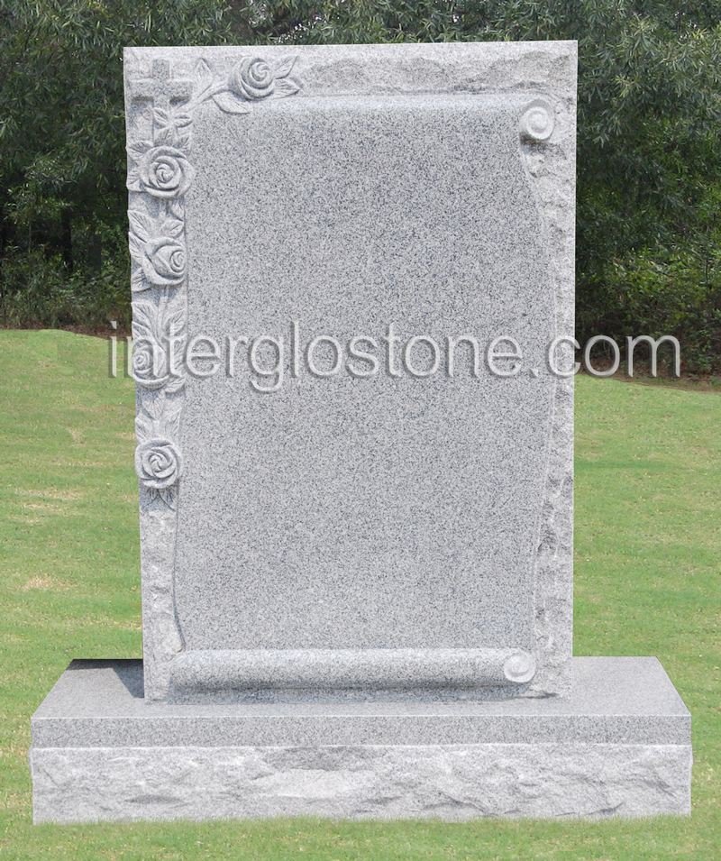 Scroll with Cross & Flowers Headstone