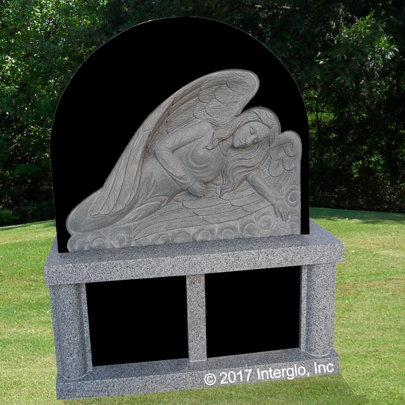 ANGEL ON CLOUDS BAS RELIEF HEADSTONE ON BASE UNIT