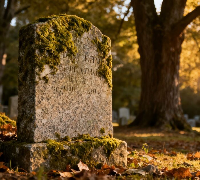 Weathered granite headstone in a peaceful cemetery setting.