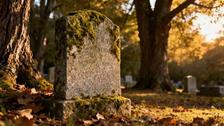 Weathered granite headstone in a peaceful cemetery setting.