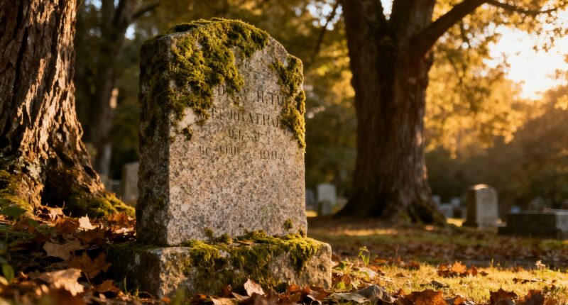 Weathered granite headstone in a peaceful cemetery setting.